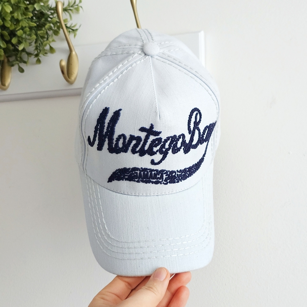 Montego Bay Jamaica Baseball Cap Hat Light Blue Sequin Script Adjustable NWOT